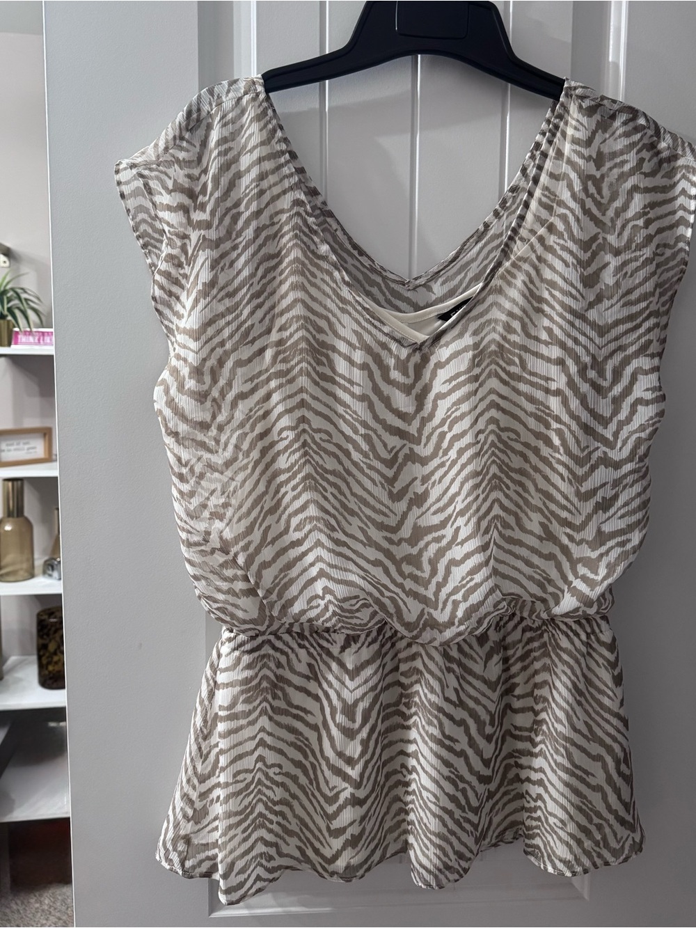 Express Taupe and White Zebra Print Peplum Blouse